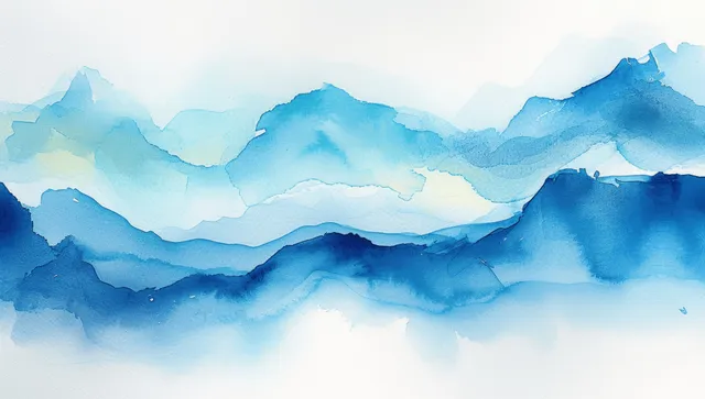 Blue watercolor river waves wash across misty mountain landscape with soft brush textures