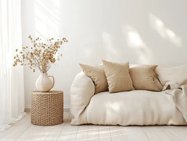 Beige sofa in a minimalist living room with warm lighting, dried flowers, and a woven basket table.