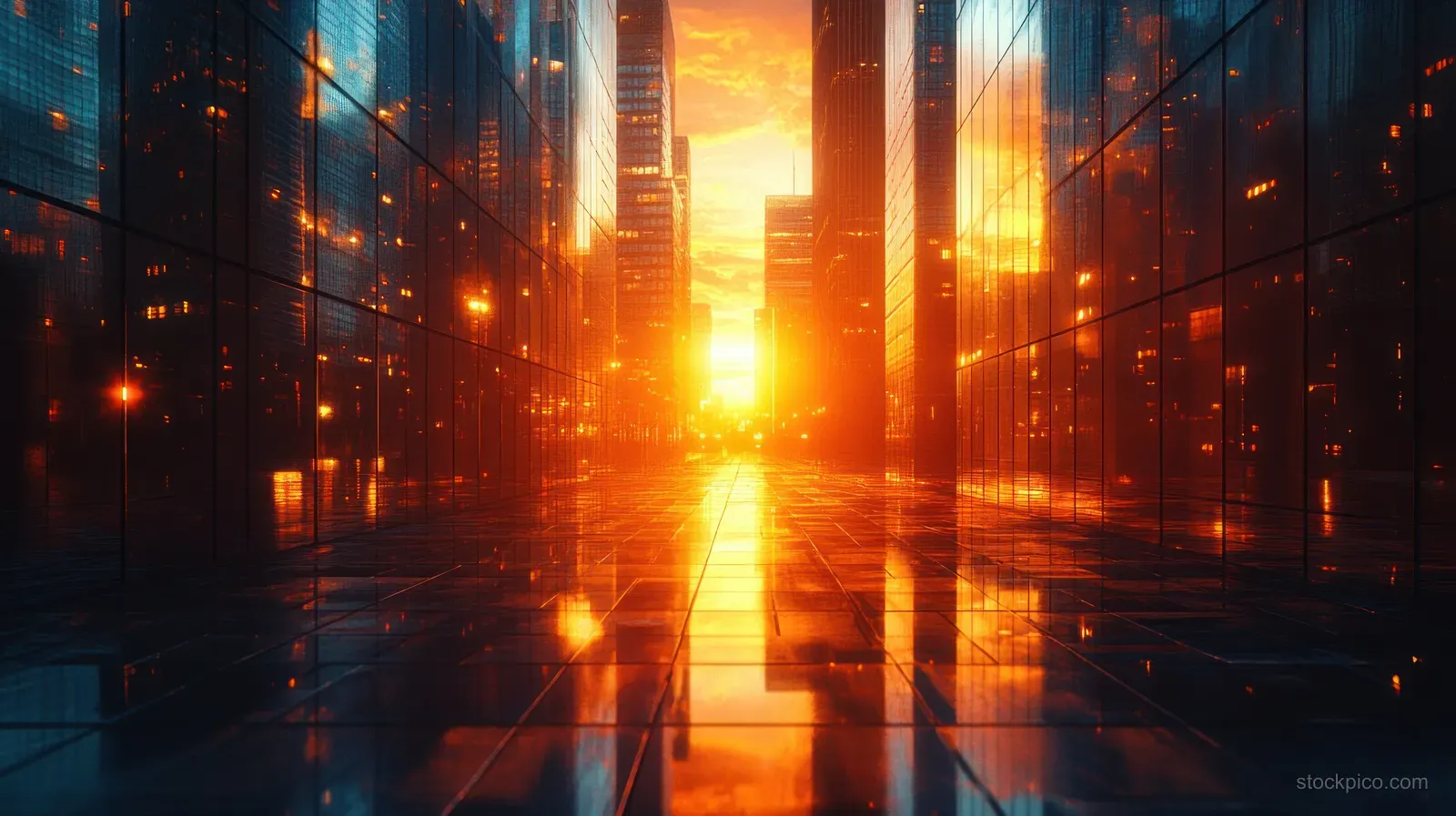 An empty futuristic city street at sunrise, with glowing skyscrapers and golden reflections on wet pavement.