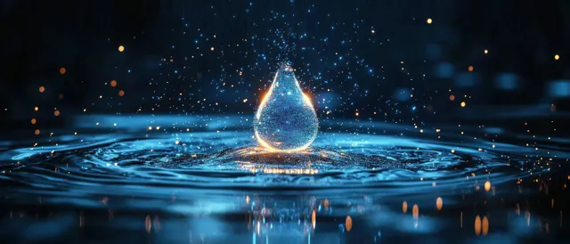Glowing water droplet rises above rippling surface, sparkling particles against dark blue background with Light And Reflection