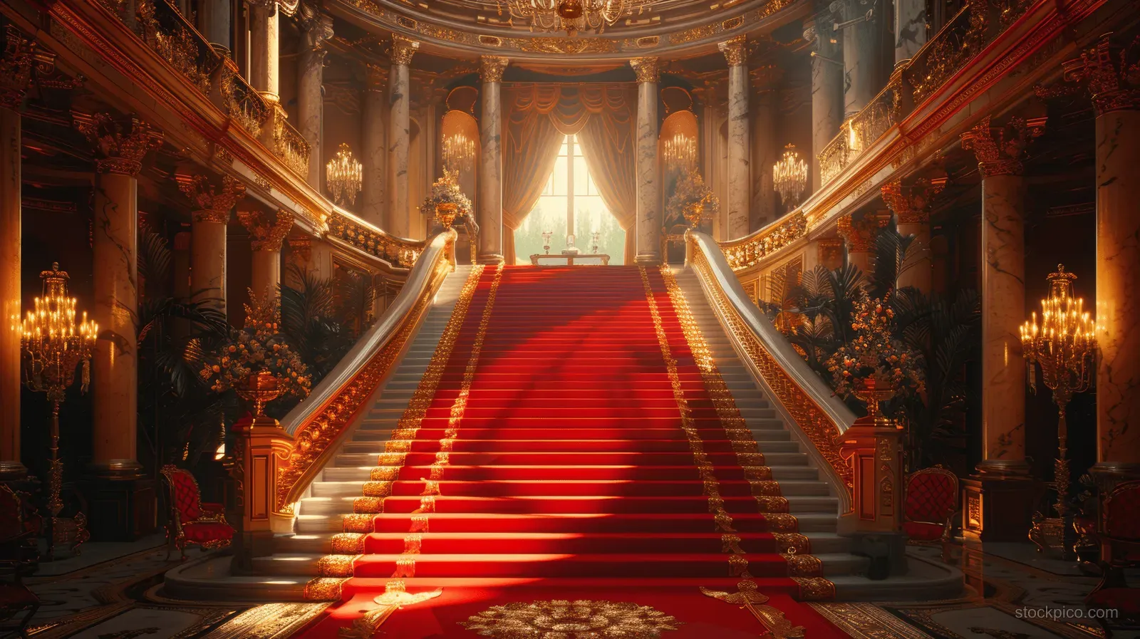 A red carpet VIP walkway stretches through an ornate theater lobby with golden columns and warm glowing lights.