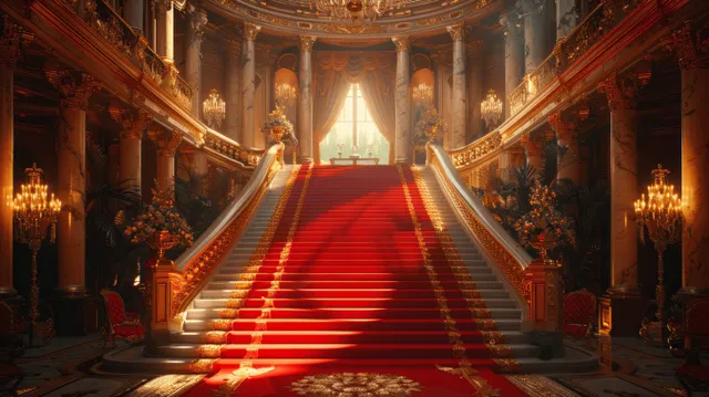 Red carpet VIP entrance inside ornate theater with golden columns and warm torchlight glow