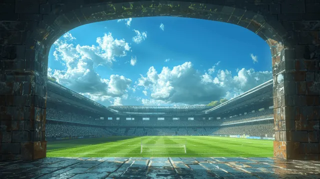View from a stone stadium tunnel onto a green soccer pitch with goal and packed stands under a bright sky.