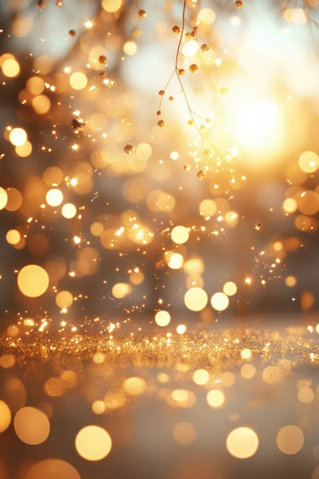Golden bokeh lights and glittery glow create a soft-focus vertical background with open space in the center.