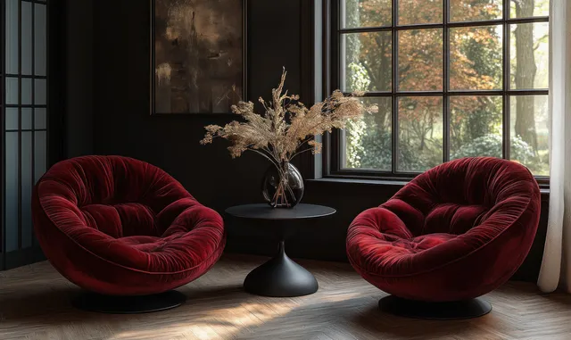 Two burgundy velvet chairs and a black side table with dried flowers sit in a softly lit living room by sheer curtains.
