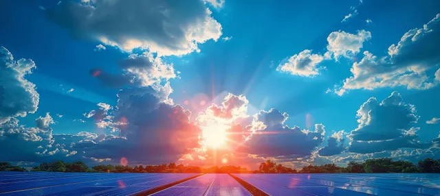 Solar panels in a photovoltaic station generate electricity under bright sun and blue sky with clouds.