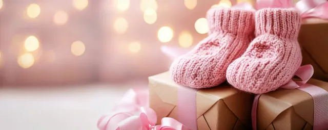 Pink baby booties placed on gift boxes beside soft warm bokeh lights.