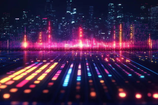 Neon city skyline with animated audio equalizer bars pulsing across a futuristic night