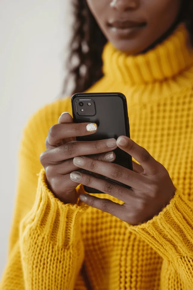 Young woman holding a smartphone at home, reading messages and tapping the screen