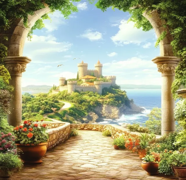 Mediterranean seascape framed by ornate stone archway, castle on hill, flower-lined walkway