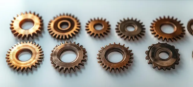 A row of mixed-size metallic gears with visible teeth arranged on a pale surface.
