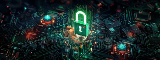 Glowing digital lock on circuit board with holographic security elements