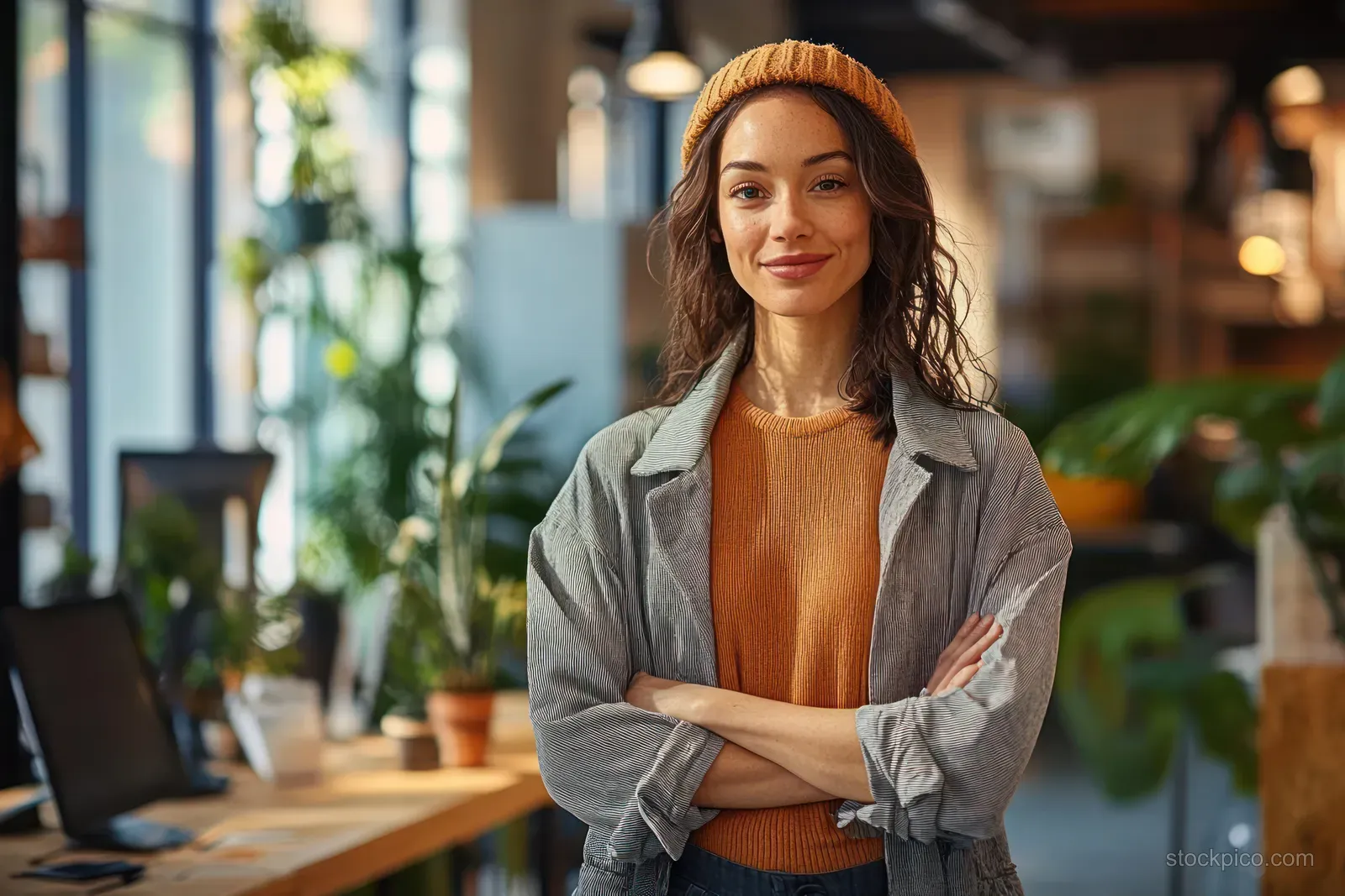 A confident woman in business attire stands with arms crossed in a modern office with plants and warm daylight.