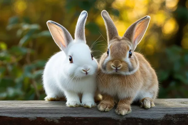 Two rabbits sitting side by side on a wooden plank in warm sunlight