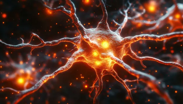 Glowing neuron dendrites branch across a dark background with orange sparks indicating electrical signal transmission.