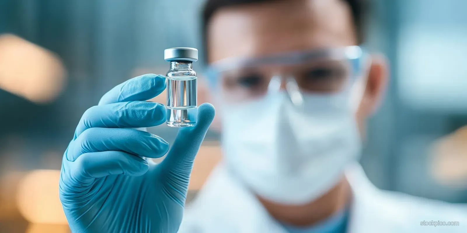 Gloved scientist holds a vaccine vial while a patient remains blurred in a clinical room.