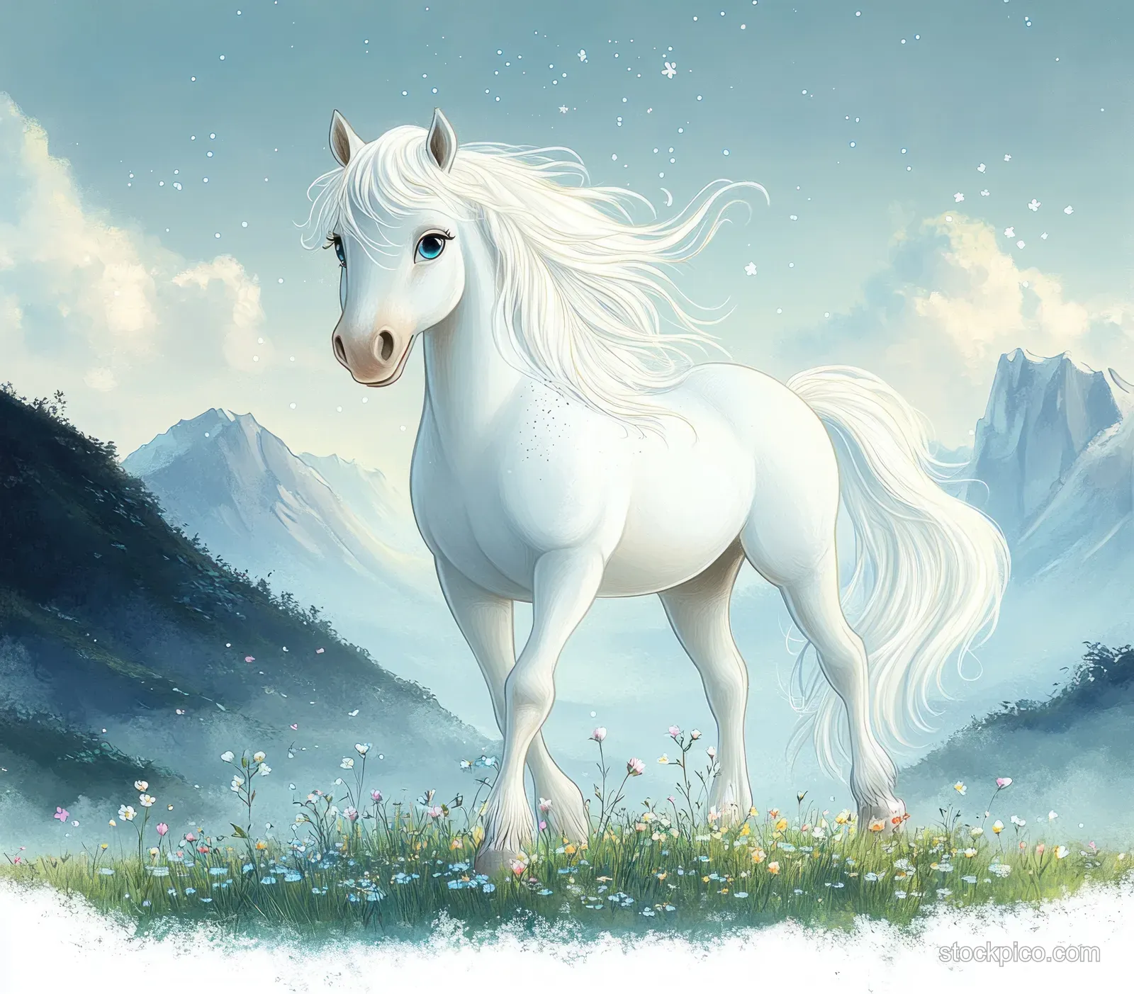 White horse with flowing mane standing in a wildflower meadow with distant mountains under a bright sky.