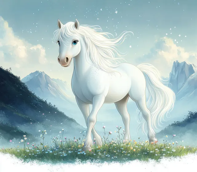 White horse with flowing mane standing in a wildflower meadow with distant mountains under a bright sky.