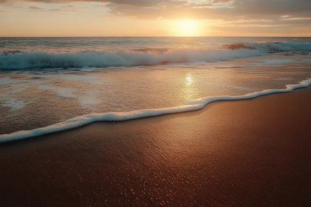 Sunset beach with gentle waves rolling onto reflective sand and glowing horizon