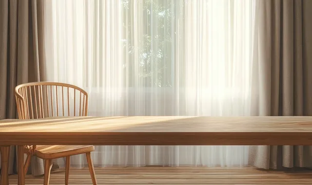 Minimalist wooden table and chair positioned by a bright window with sheer and thick curtains.