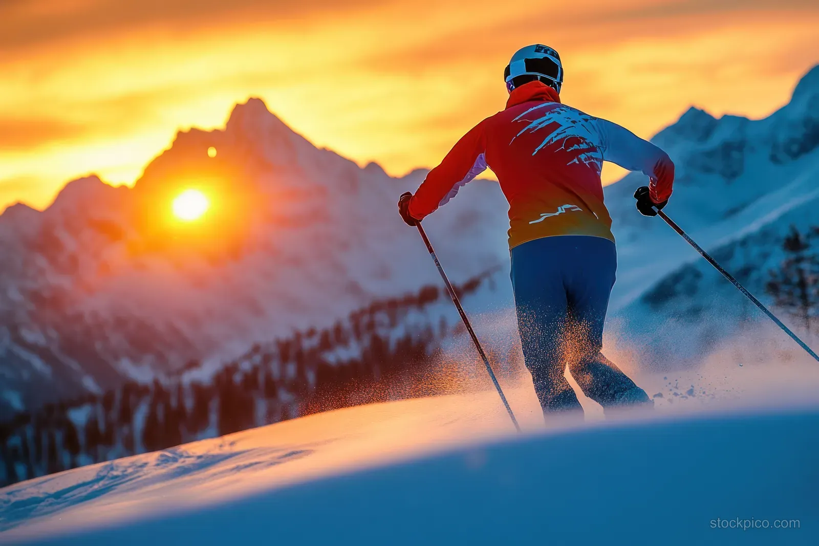 Cross-country skier skiing uphill on a snowy track with warm sunset light behind mountains.