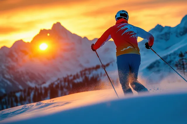 Cross-country skier skiing uphill on a snowy track with warm sunset light behind mountains.