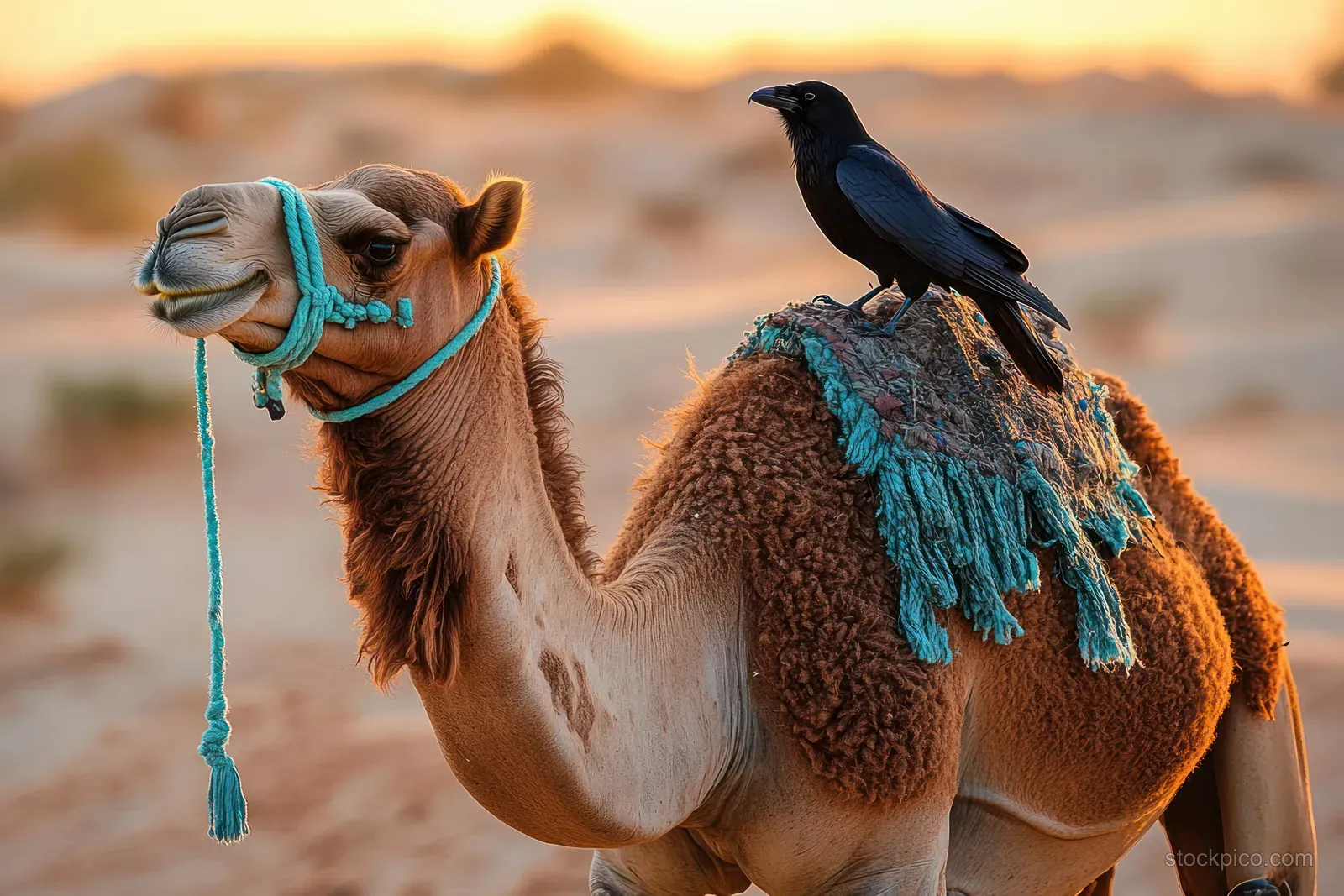 A camel in a sandy desert at sunset with a black raven perched on its back under a decorated blue cloth.