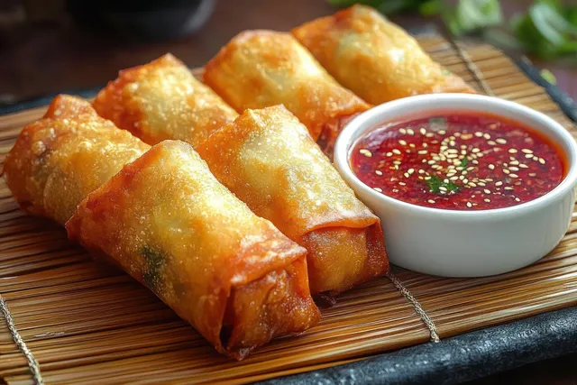 Golden crispy spring rolls on a bamboo mat with a bowl of red dipping sauce garnished with sesame and herbs.