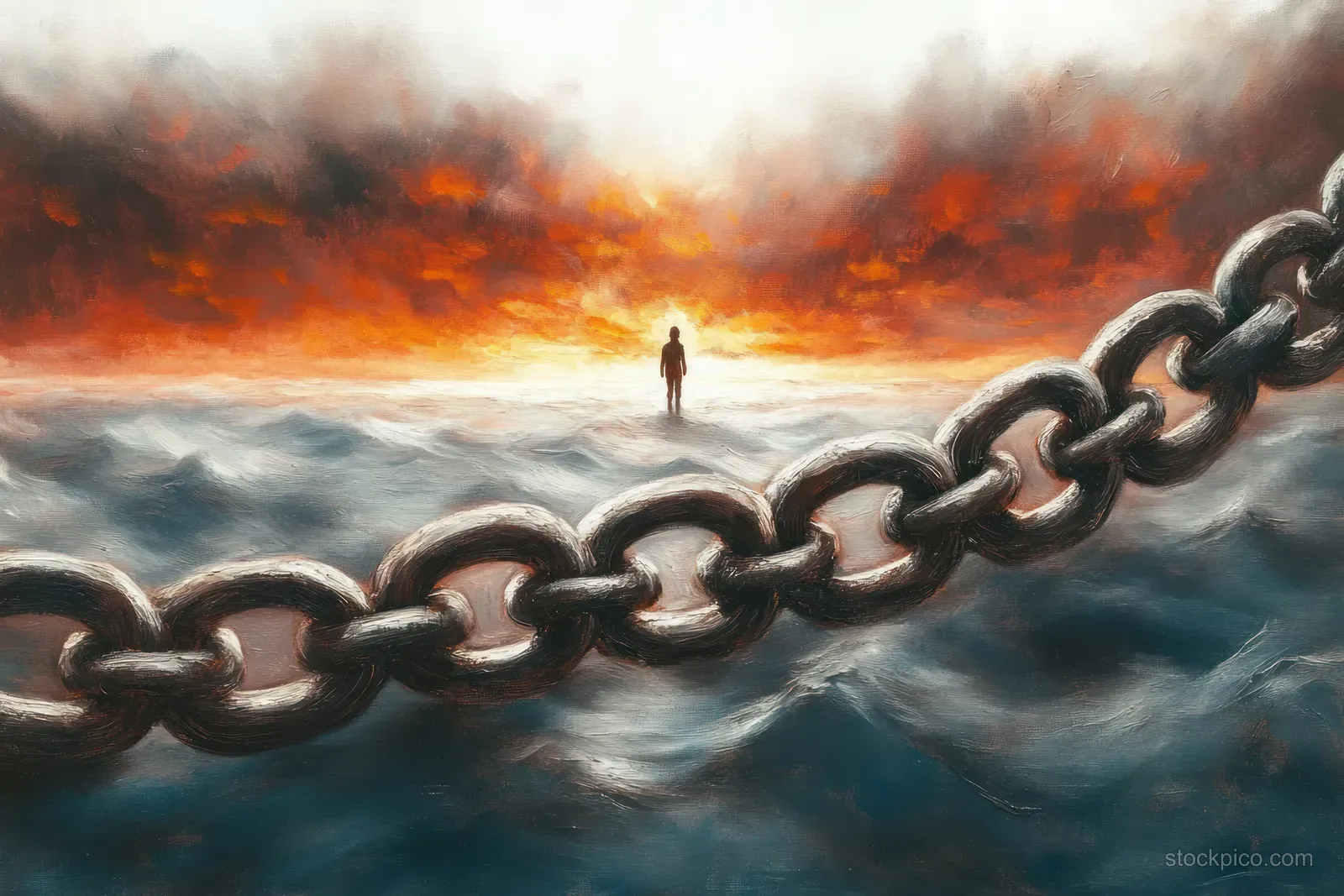 Silhouette of a lone figure stands on stormy ocean as a heavy chain stretches across the foreground under fiery clouds.