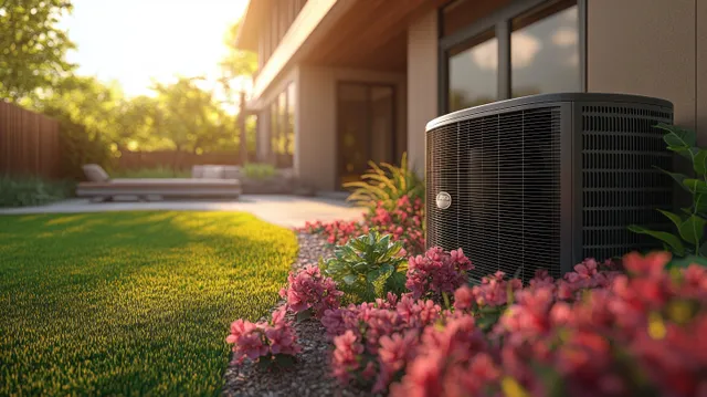 Outdoor air conditioning condenser on a concrete pad beside blooming pink flowers in a backyard garden at sunset.