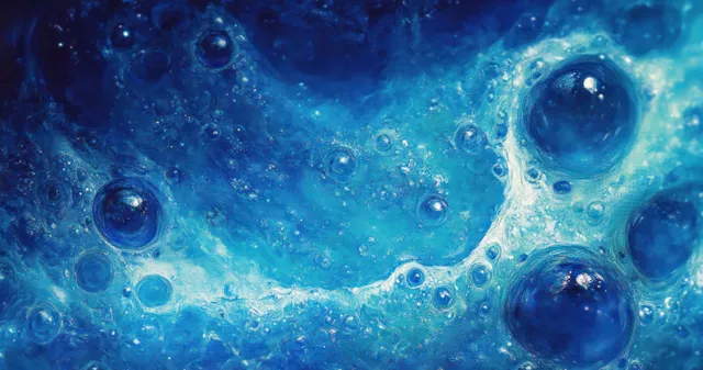 Blue liquid swirls under a macro lens as bubbles of different sizes form a rippling foam texture.