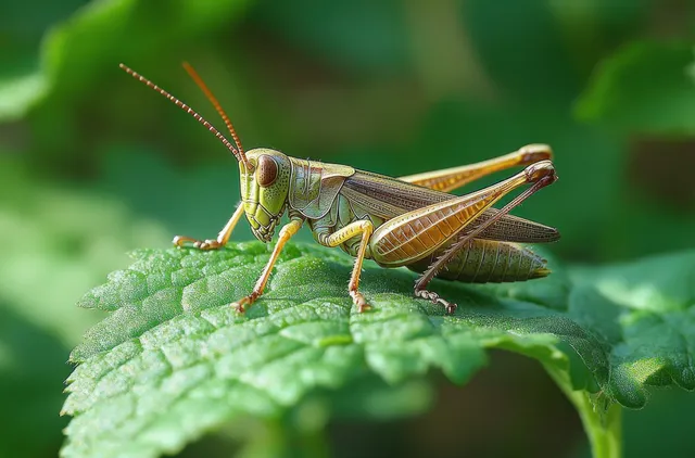 A grasshopper rests on a textured green leaf with visible antennae and legs against a blurred outdoor background.