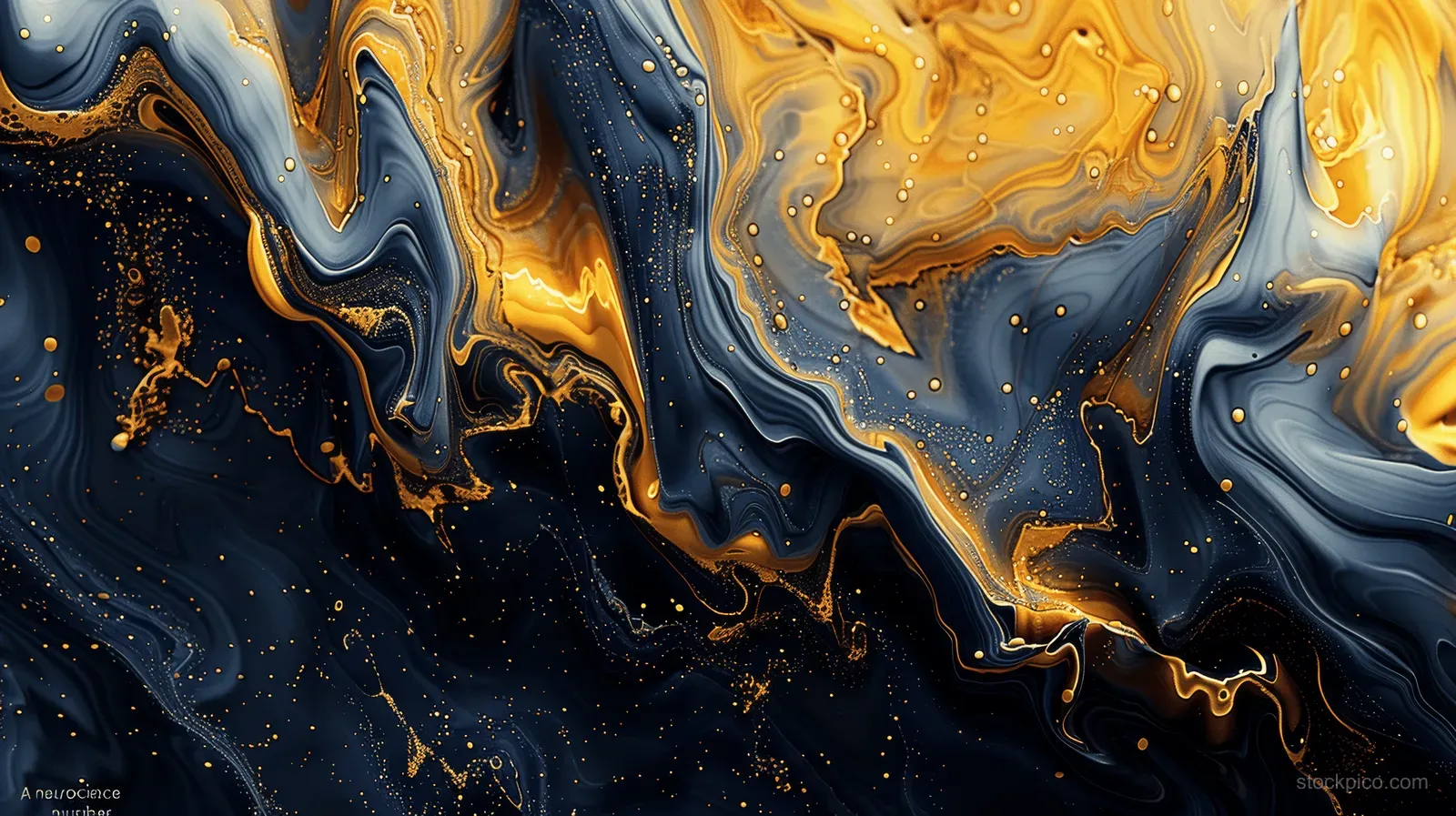 Black and gold marbled liquid patterns with flowing waves and bright golden ink splashes fill the background.