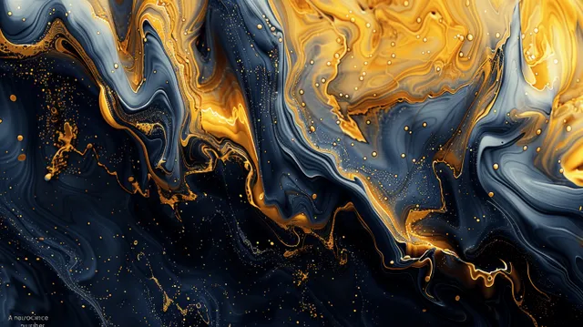 Black and gold liquid marble abstract with golden ink splashes and flowing waves