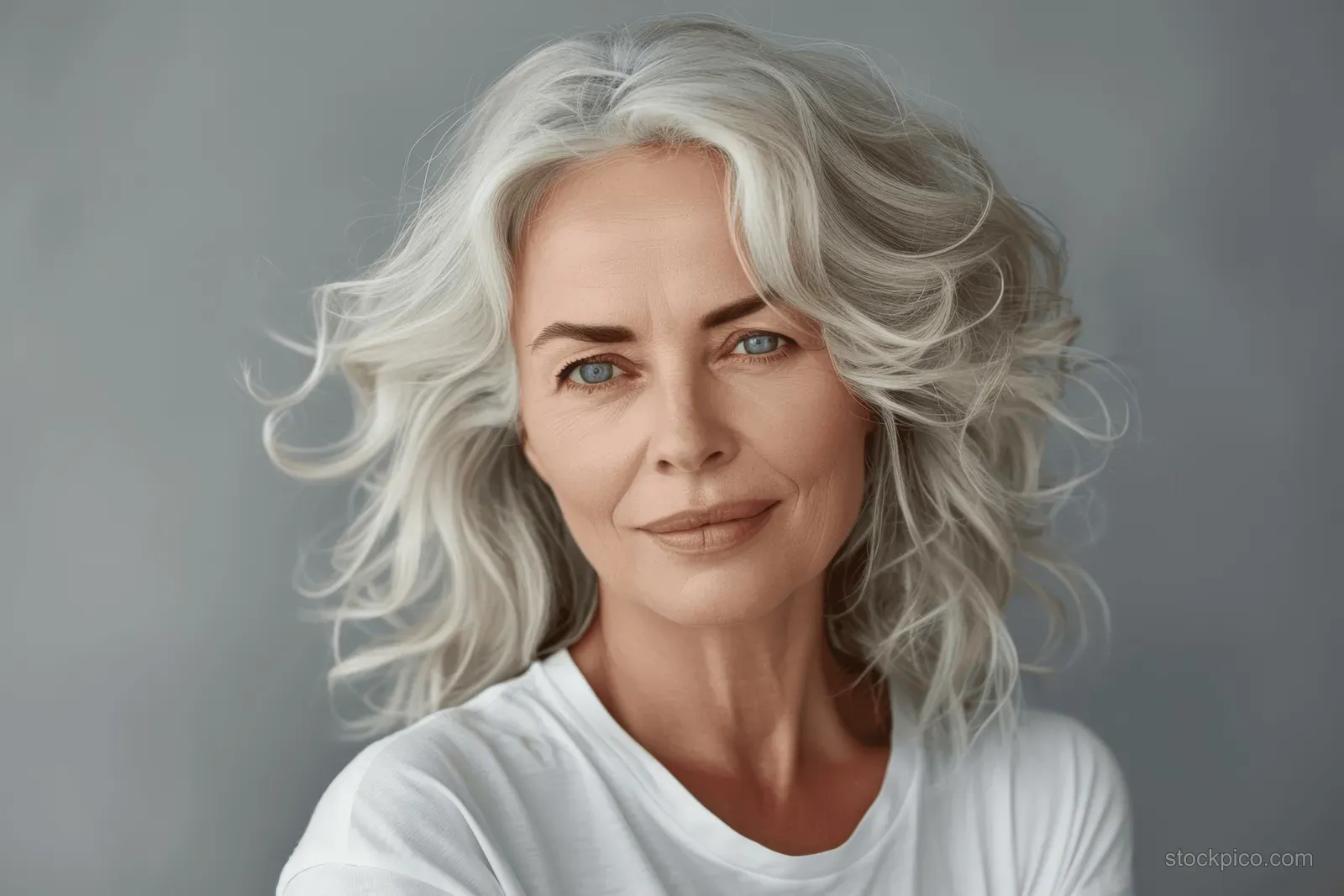 Smiling senior woman with silver hair in a white t-shirt posing in front of a soft gray background.