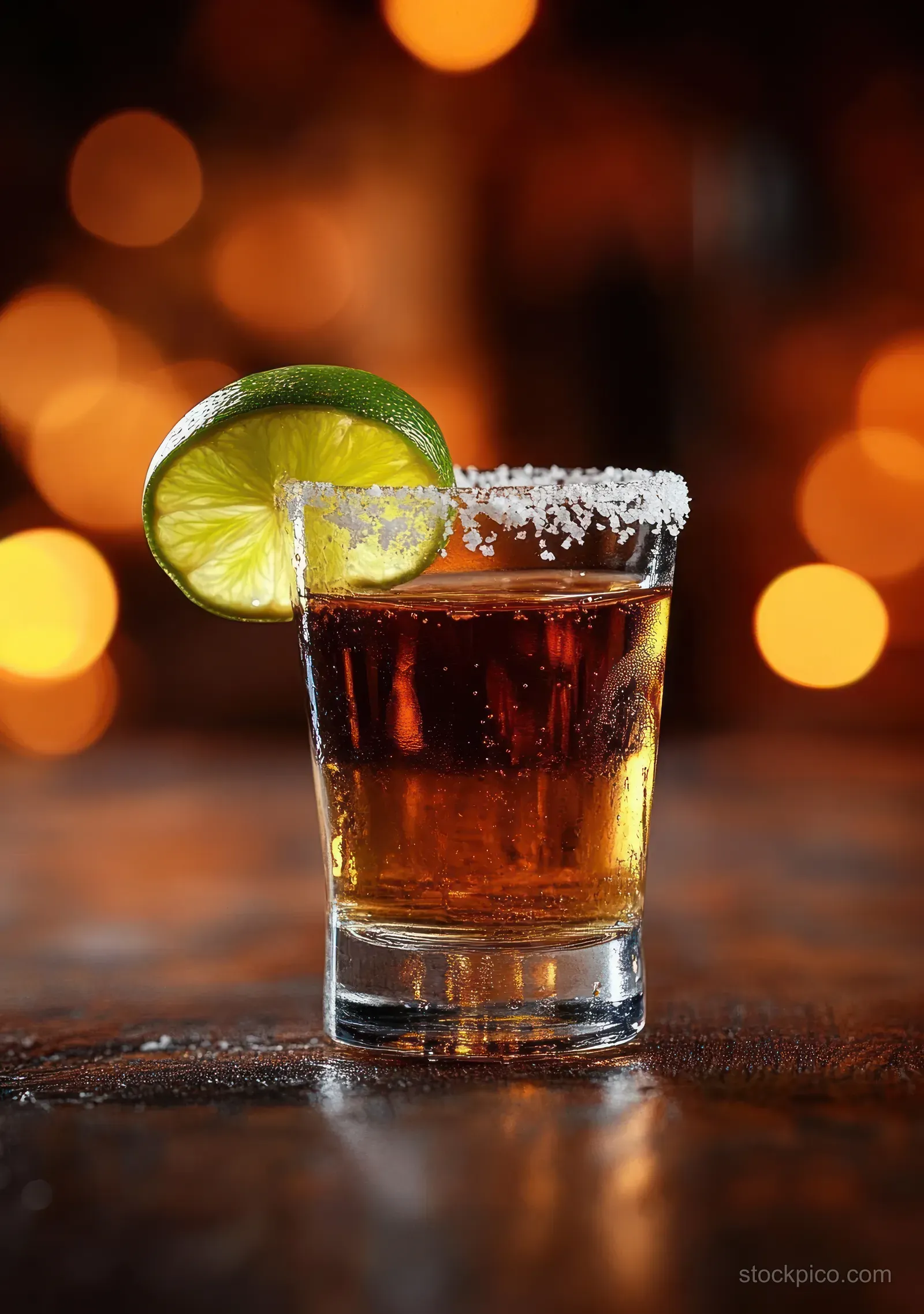 Amber cocktail shot glass with a salty rim and lime wedge sitting on a table with warm blurred lights behind it.