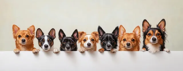 Several small puppies peek over a white barrier in a neat row on a plain background.