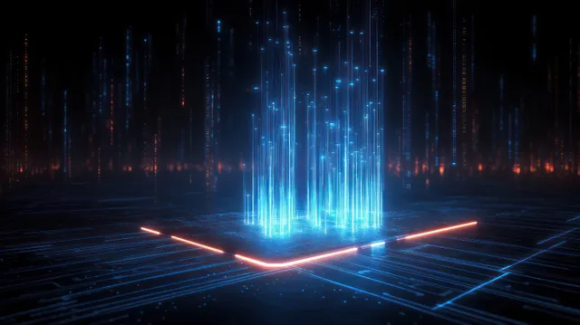 Central glowing digital node with blue data lines and light columns over a dark grid floor.