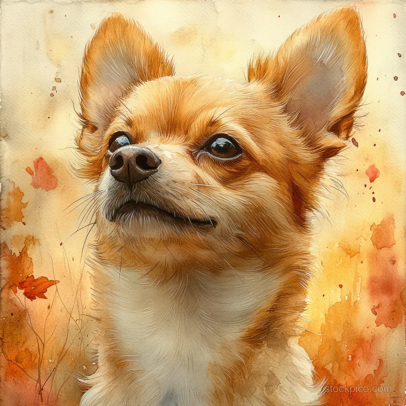 Small chihuahua puppy watercolor portrait with warm orange and cream tones and soft splattered pastel background.