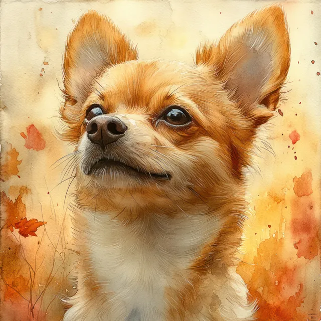 Small chihuahua puppy watercolor portrait with warm orange and cream tones and soft splattered pastel background.