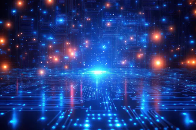 Neon digital circuit network overlay glowing across a transparent blue tech tunnel