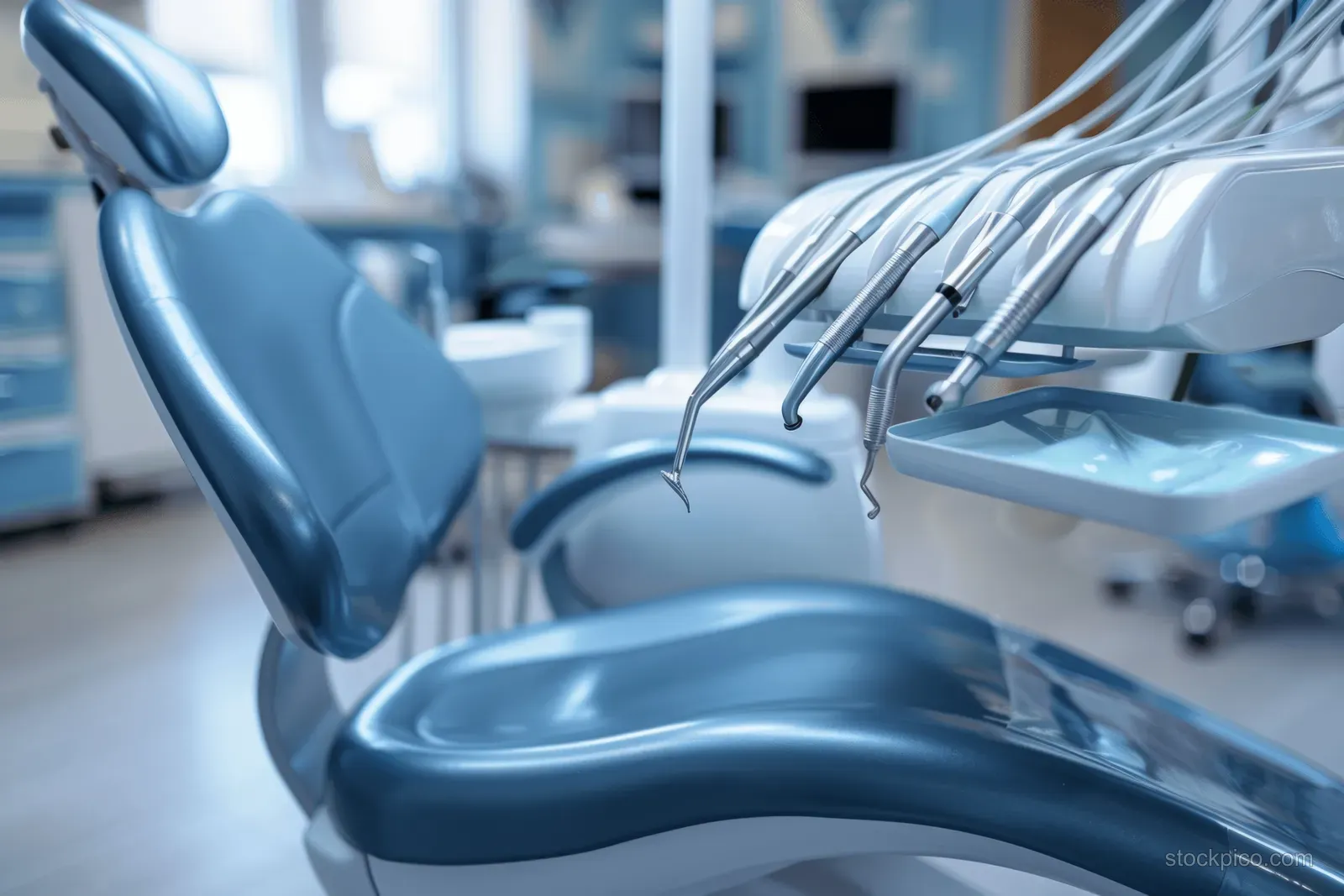 Contemporary dental clinic interior showcasing a clinical chair and organized instruments in a clean blue setting.