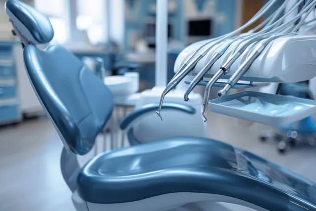 Contemporary dental clinic interior showcasing a clinical chair and organized instruments in a clean blue setting.