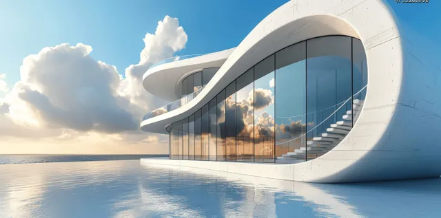 Futuristic curved building entrance with glass facade and concrete forecourt under blue sky