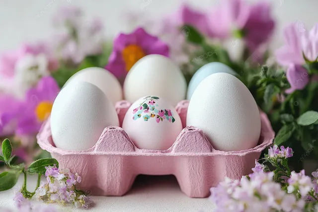 Pastel Easter eggs with painted faces rest in a pink carton, surrounded by pink and purple spring flowers.