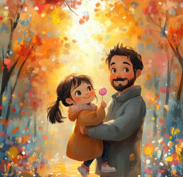 Father holds daughter’s lollipop in autumn park, joyful family cartoon scene