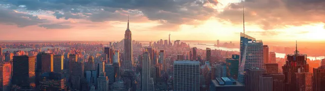 Manhattan skyline at sunset with skyscrapers glowing under pink-orange twilight clouds
