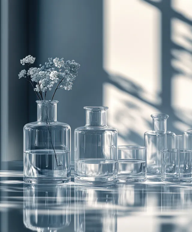 Clear glass beakers and flasks sit on a reflective bench beside a small bouquet under soft window light.