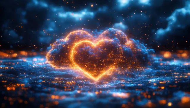 Glowing heart-shaped cloud overlay with holographic data streams over server skyline at night