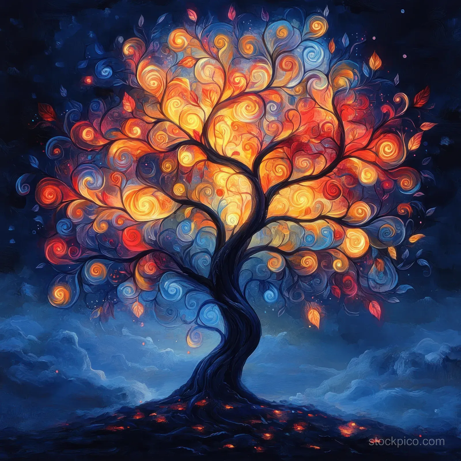 Art Nouveau tree of life with glowing rainbow leaves rises from a dark night landscape.